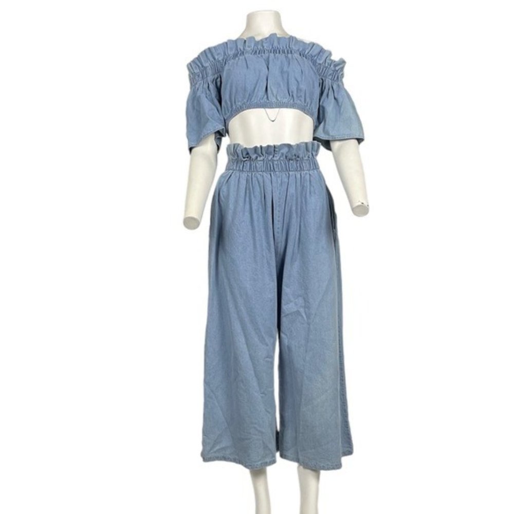 NWT Light Denim Ruffle Crop Top Pants Set Medium - Picture 2 of 6